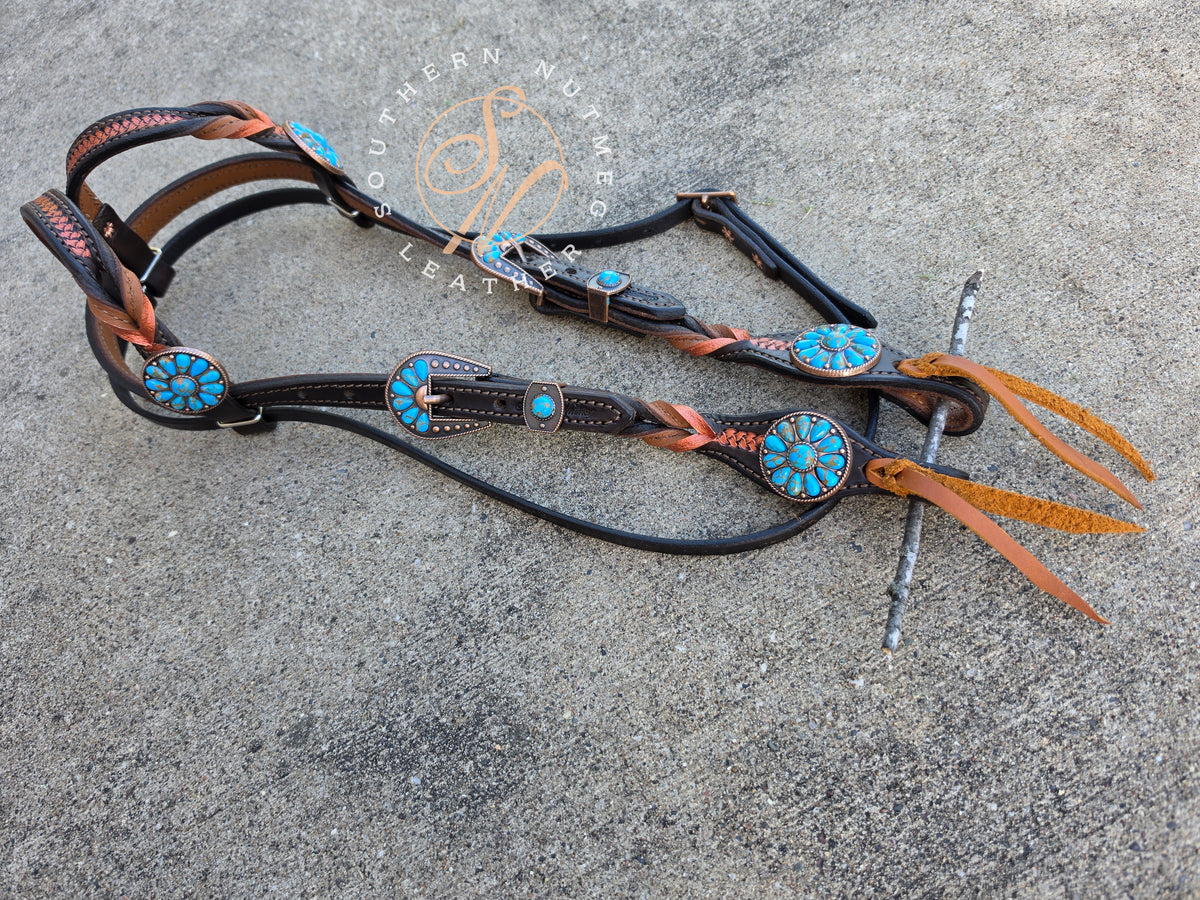 Two Ear, Copper, Chocolate, and Blue Headstall with Throat Latch