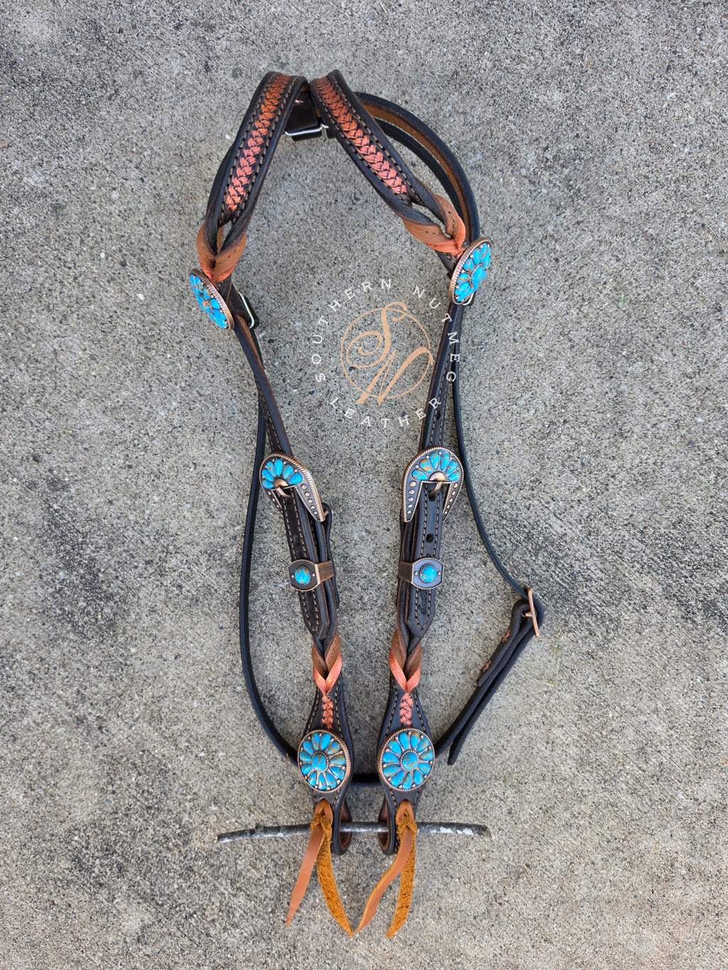 Two Ear, Copper, Chocolate, and Blue Headstall with Throat Latch