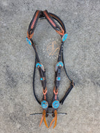 Two Ear, Copper, Chocolate, and Blue Headstall with Throat Latch