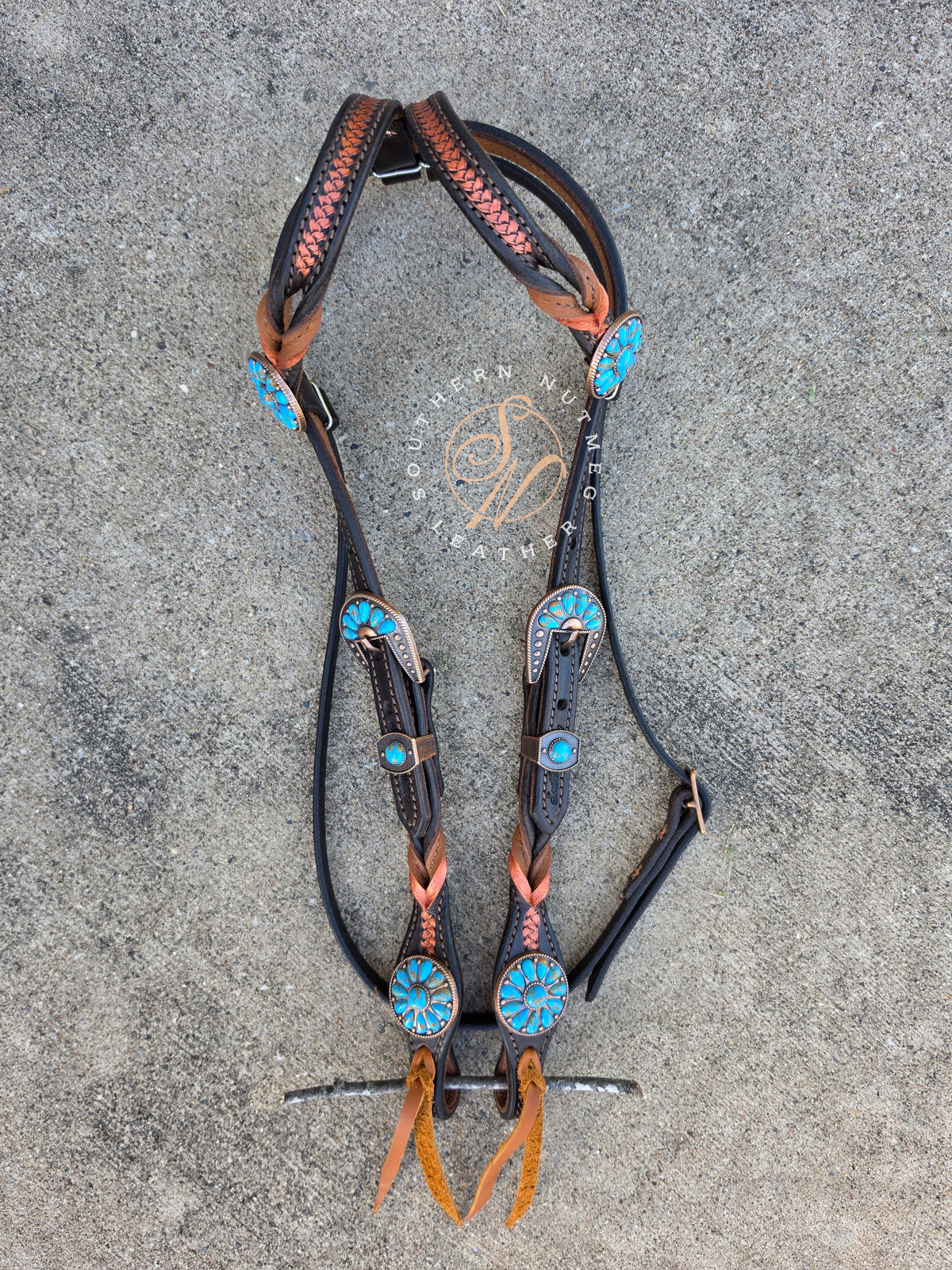 Two Ear, Copper, Chocolate, and Blue Headstall with Throat Latch