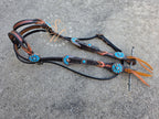 Two Ear, Copper, Chocolate, and Blue Headstall with Throat Latch