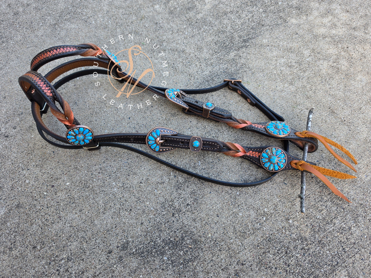 Two Ear, Copper, Chocolate, and Blue Headstall with Throat Latch