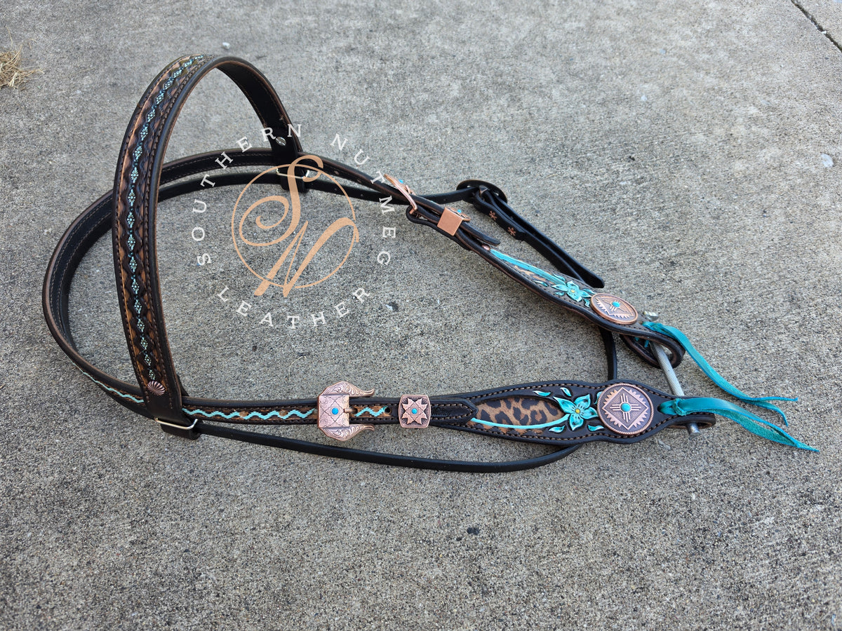 Draft Horse Leopard Turquoise Flowers Browband Headstall