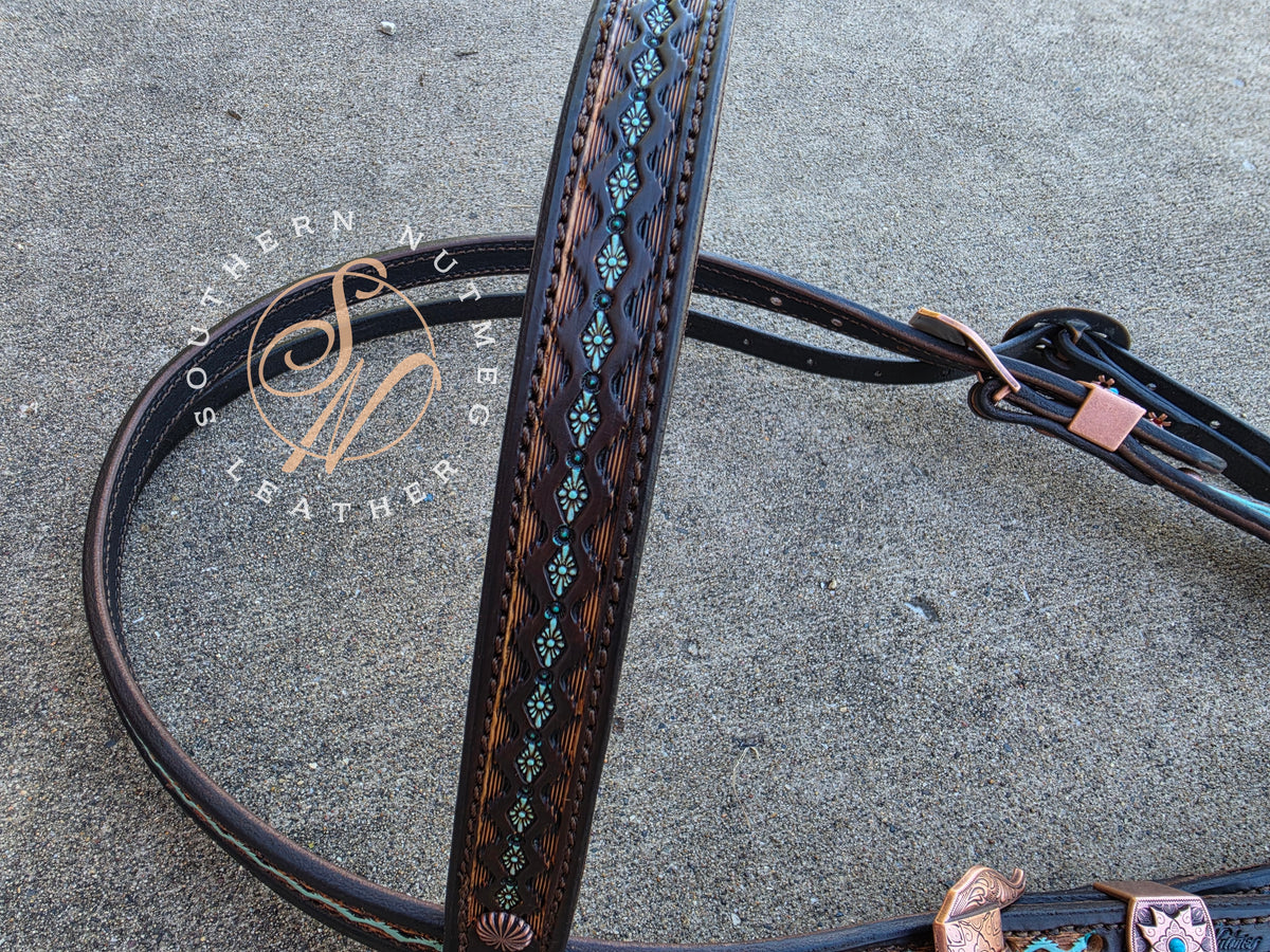 Draft Horse Leopard Turquoise Flowers Browband Headstall