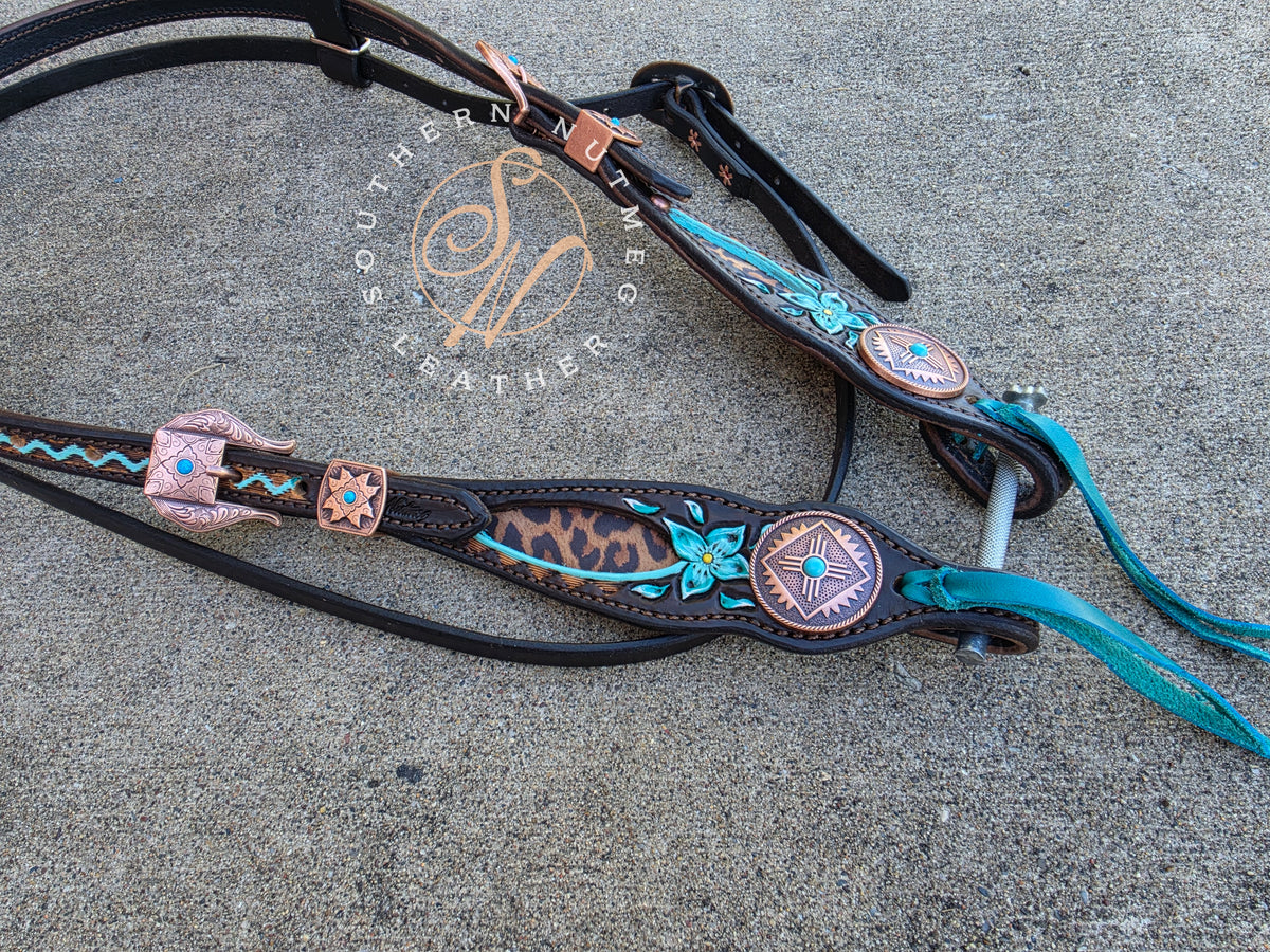 Draft Horse Leopard Turquoise Flowers Browband Headstall