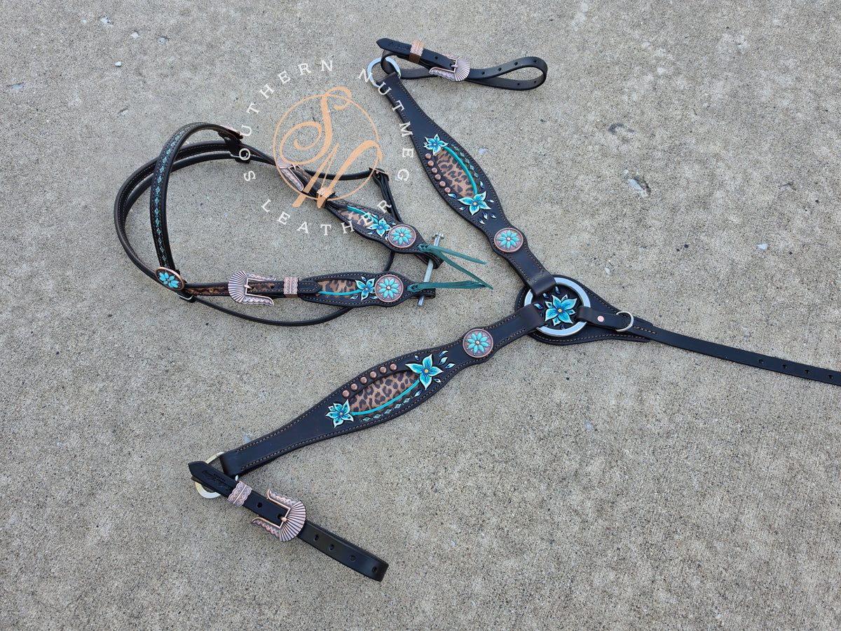 Leopard and Teal Floral Browband Tack Set