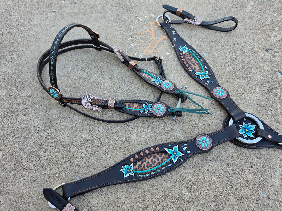 Leopard and Teal Floral Browband Tack Set