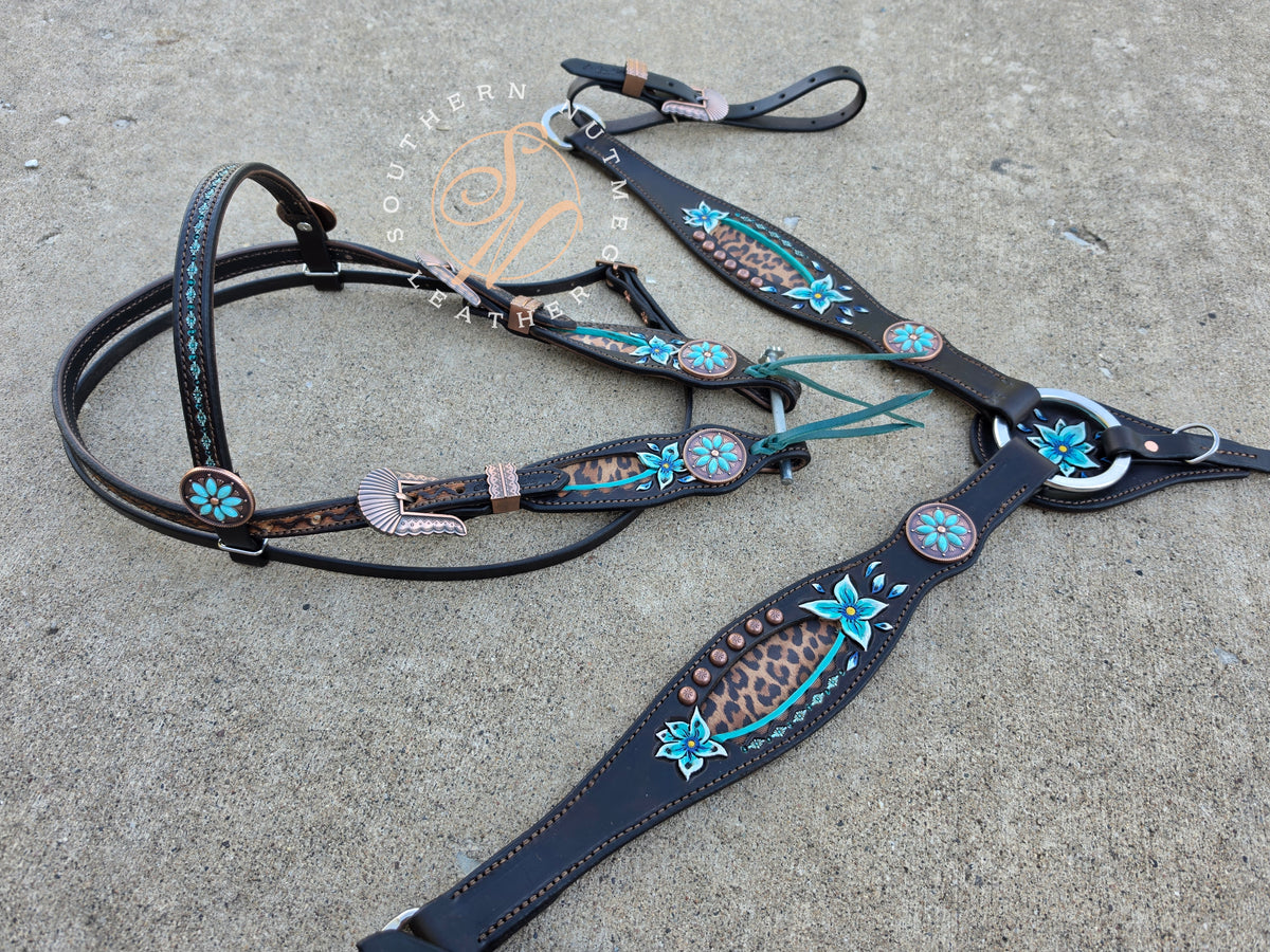 Leopard and Teal Floral Browband Tack Set