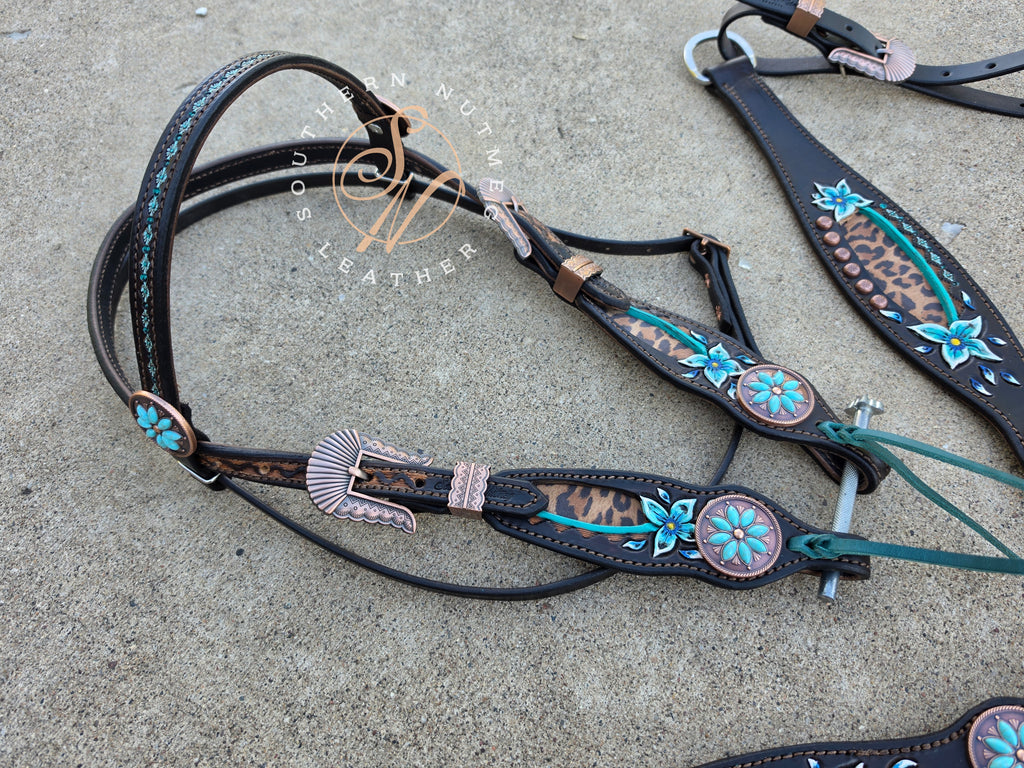 Leopard and Teal Floral Browband Tack Set