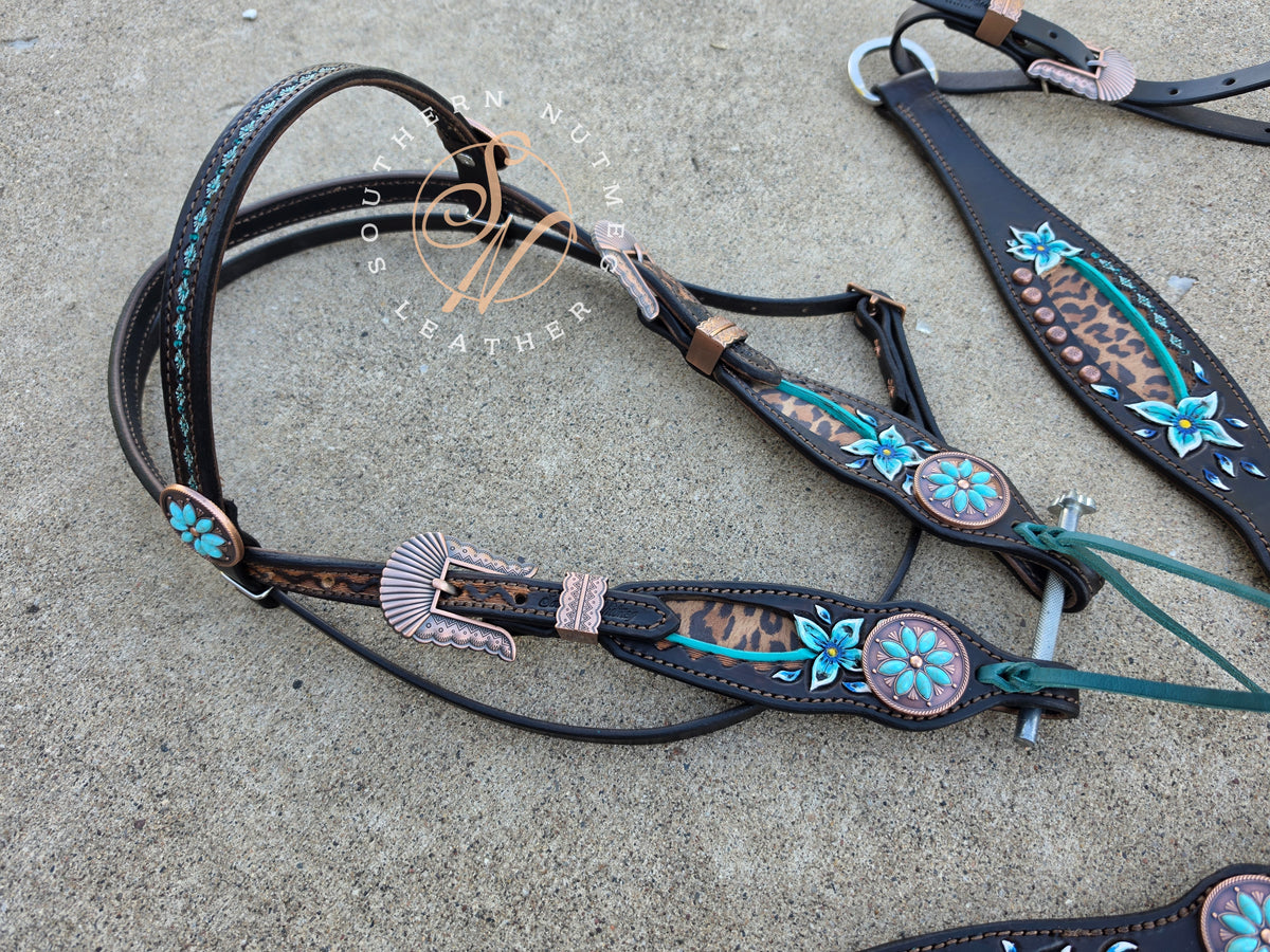 Leopard and Teal Floral Browband Tack Set