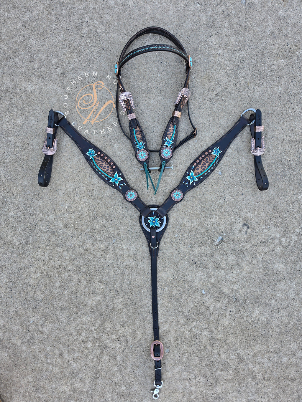Leopard and Teal Floral Browband Tack Set