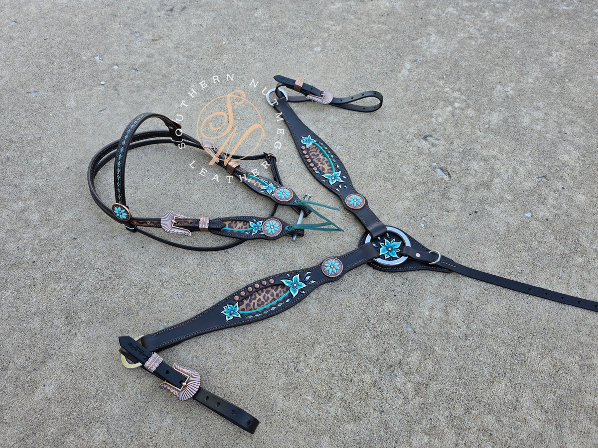 Leopard and Teal Floral Browband Tack Set