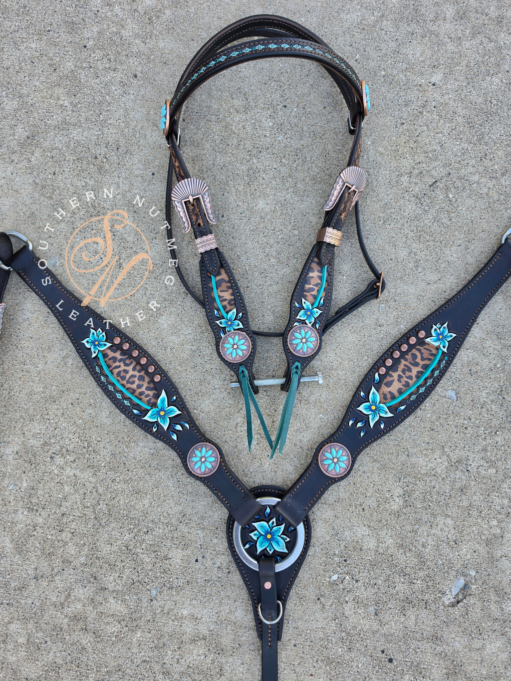 Leopard and Teal Floral Browband Tack Set