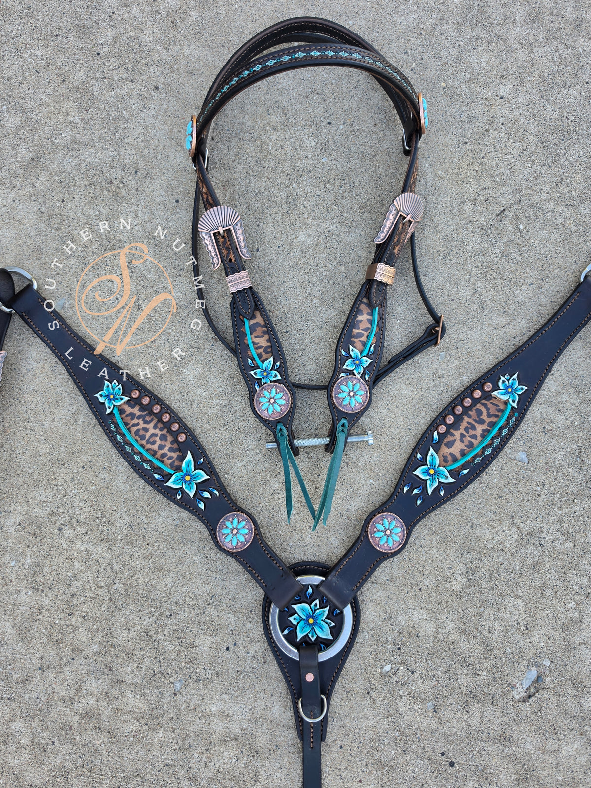 Leopard and Teal Floral Browband Tack Set