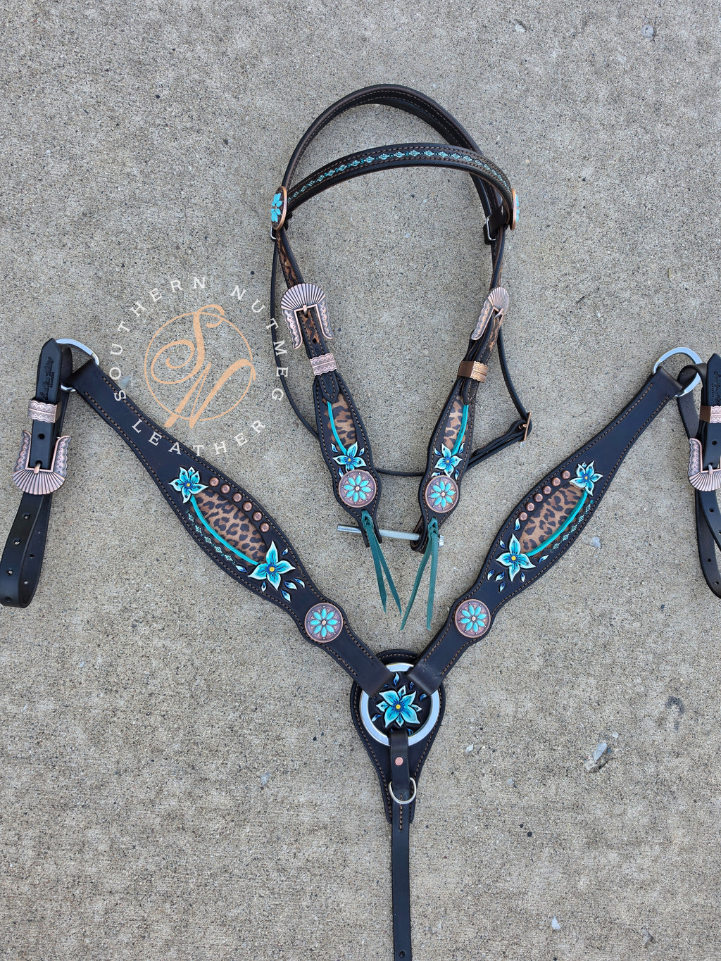 Leopard and Teal Floral Browband Tack Set