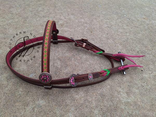 Dark Oil Tooled Pink and Lime Twists Headstall