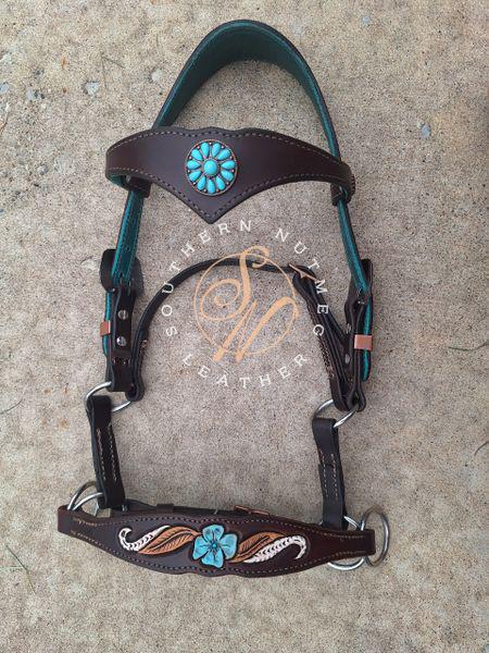 Chocolate and Turquoise Ergonomic Carved Side-Pull Headstall