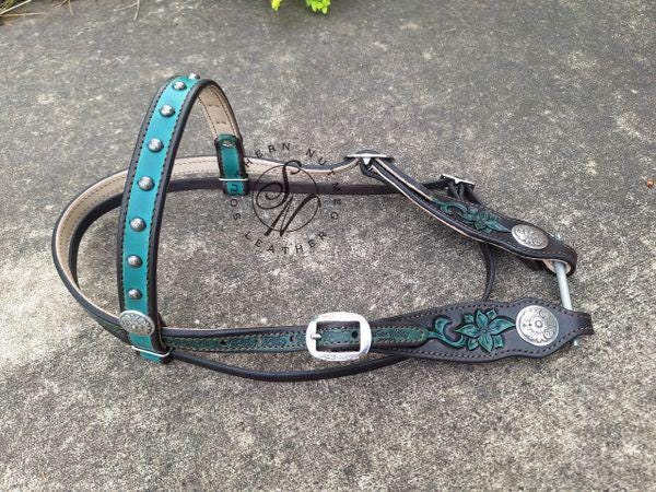 Carved Teal and Chocolate Browband Headstall with Cream Lining
