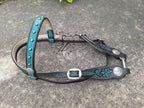 Carved Teal and Chocolate Browband Headstall with Cream Lining