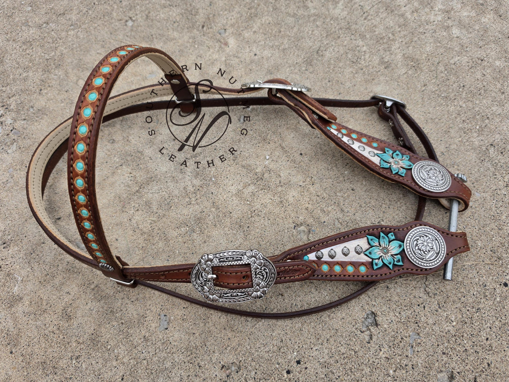 Medium Oil Turquoise Carved Flower Browband Headstall