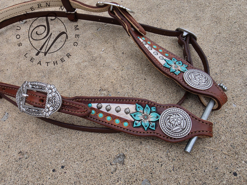 Medium Oil Turquoise Carved Flower Browband Headstall