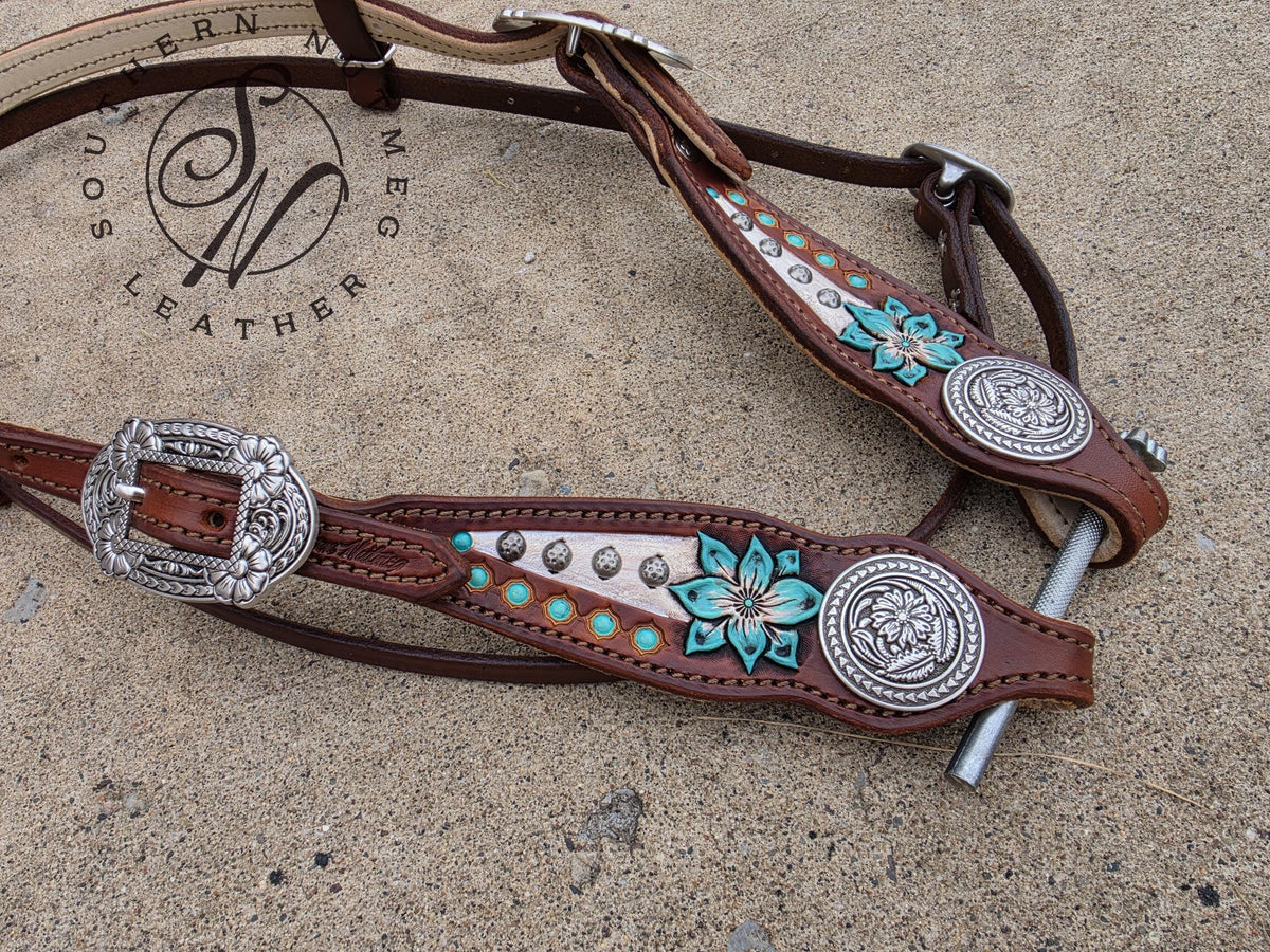 Medium Oil Turquoise Carved Flower Browband Headstall