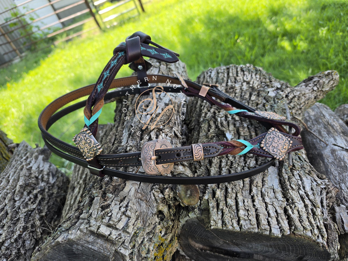 Chocolate, Wine, and Aqua Tooled Futurity Knot Browband Headstall