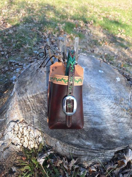 Water Bottle Saddle Bag Dark Oil and Tooled Green Vines
