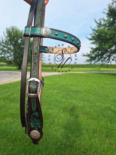 Carved Teal and Chocolate Browband Headstall with Cream Lining
