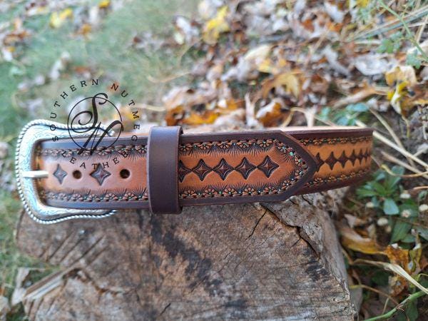 Tooled Belt With Turquoise