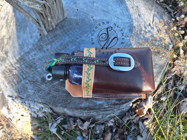 Water Bottle Saddle Bag Dark Oil and Tooled Green Vines
