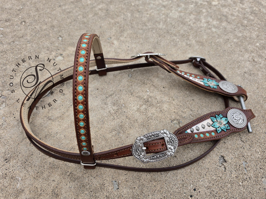 Medium Oil Turquoise Carved Flower Browband Headstall